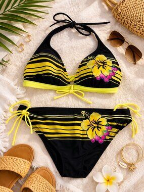 Hobie Black Yellow Hibiscus Bikini Set Halter Floral Swim